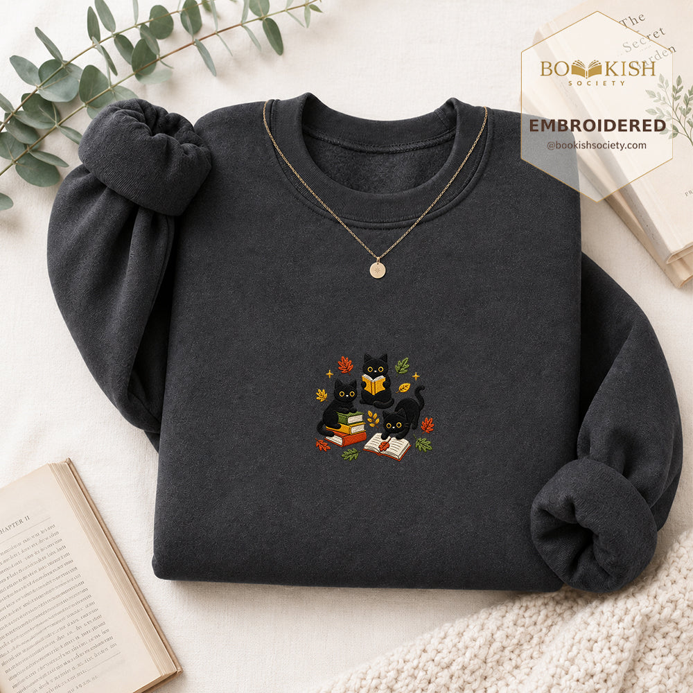Cat Catching Leaves Embroidered Sweatshirt | Reader Gift Dark Heather