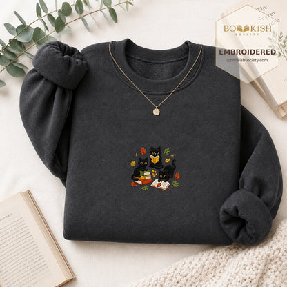 Cat Catching Leaves Embroidered Sweatshirt | Reader Gift Dark Heather