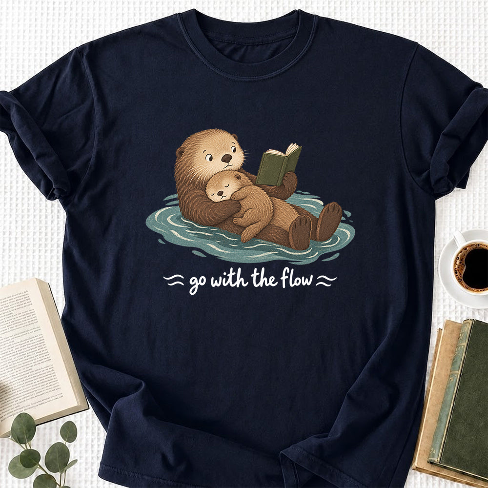 Go With The Flow Otter Reading Softstyle T-Shirt | Book Lover Gift Navy