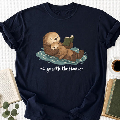 Go With The Flow Otter Reading Softstyle T-Shirt | Book Lover Gift Navy