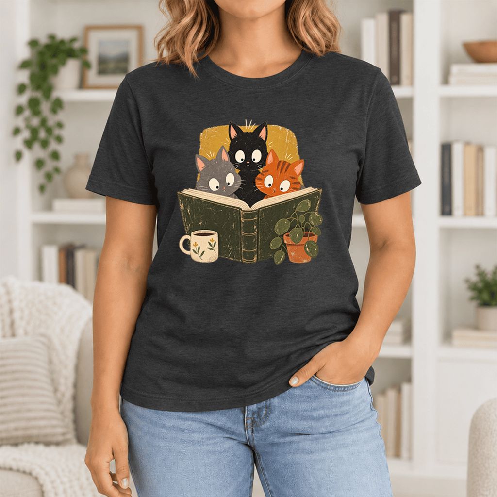 Curious Reading Cats Ultra-Soft Cotton T-Shirt | Cat Lover Reader Gift Black Heather
