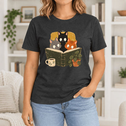 Curious Reading Cats Ultra-Soft Cotton T-Shirt | Cat Lover Reader Gift Black Heather