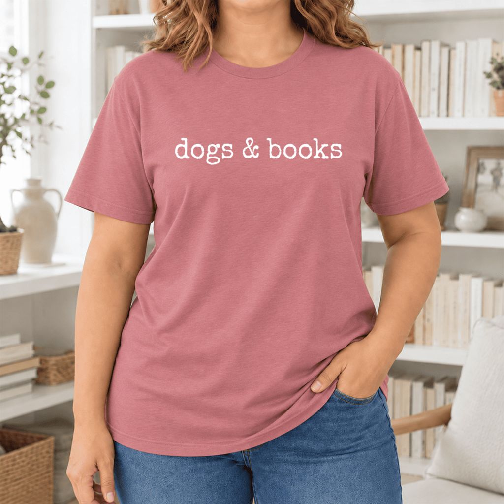 Dogs & Books Ultra-Soft Cotton T-Shirt | Dog Lover & Reader Gift Mauve