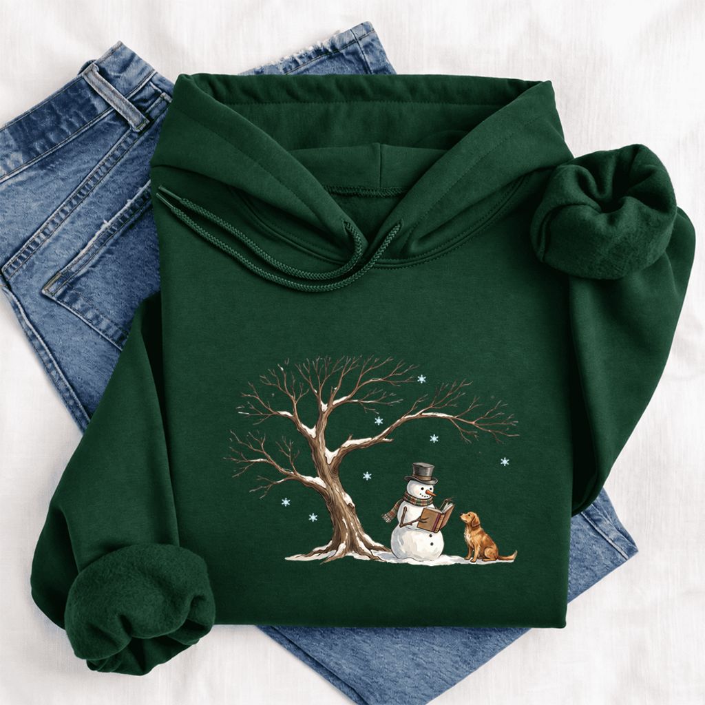 Golden Retriever And Snowman Under Tree Softstyle Hoodie | Christmas Reader Gift Forest Green