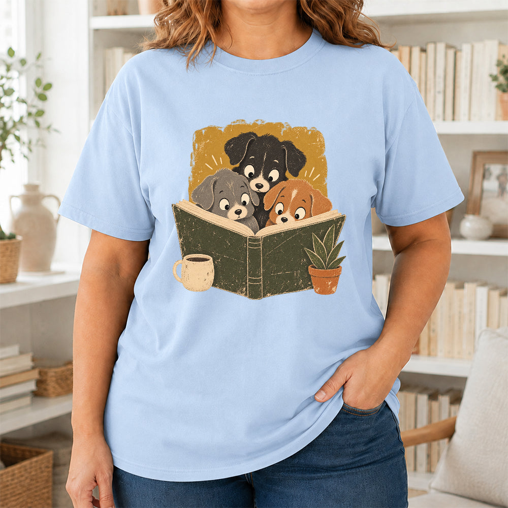 Minimal Japanese Dogs Reading Softstyle T-Shirt | Book Lover Gift Light Blue
