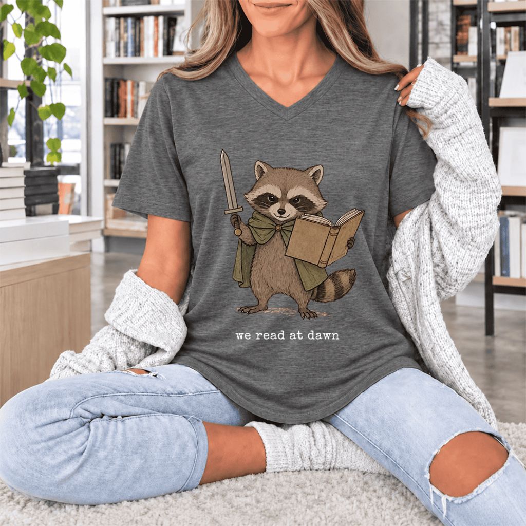 We Read At Dawn Funny Racoon Ultra-Soft V-Neck | Cozy Book Lover Gift Deep Heather