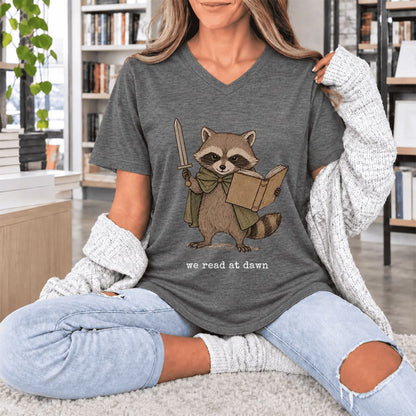 We Read At Dawn Funny Racoon Ultra-Soft V-Neck | Cozy Book Lover Gift Deep Heather