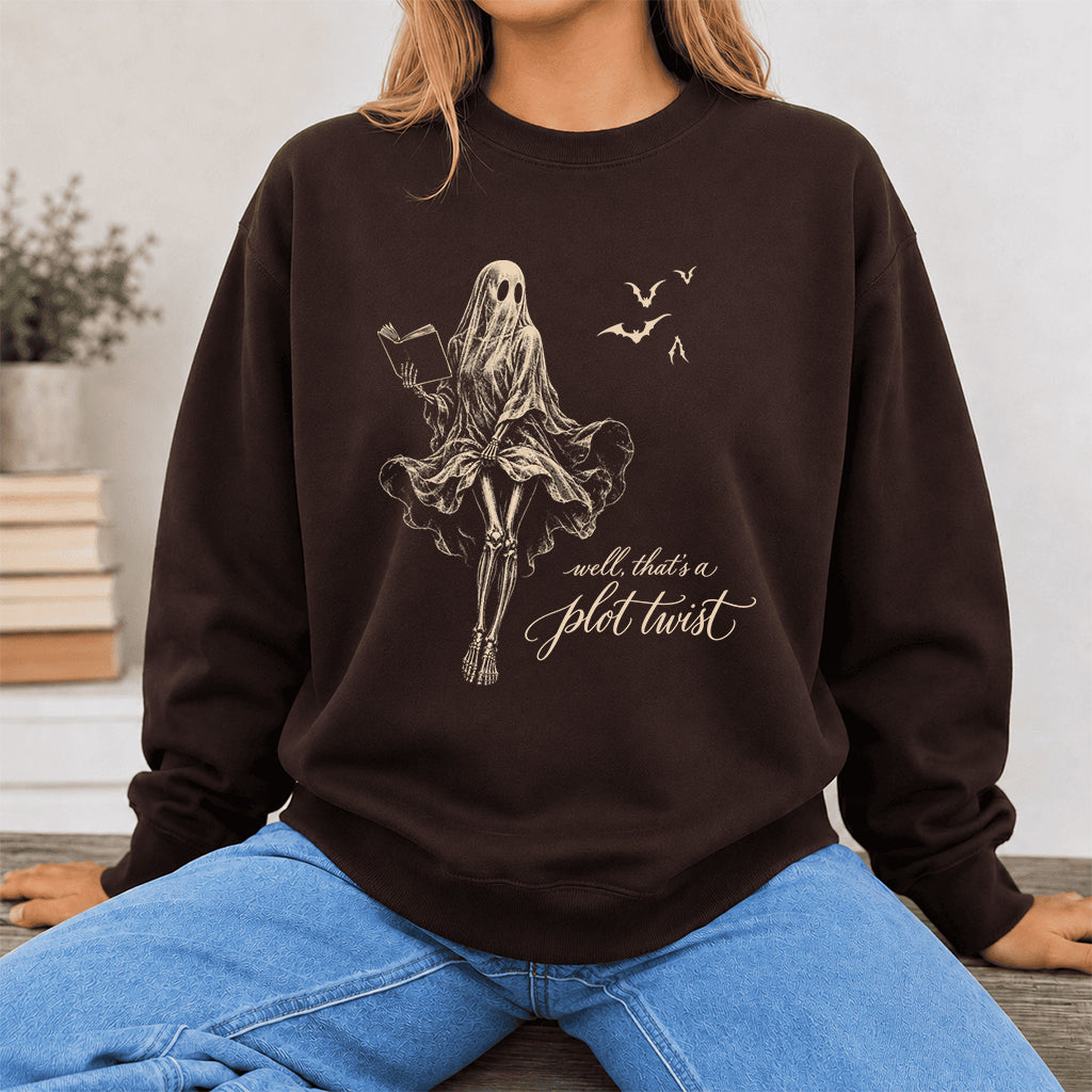 Funny Dress-Wearing Bookworm Ghost Printed Sweatshirt | Halloween Reader Gift Dark Chocolate