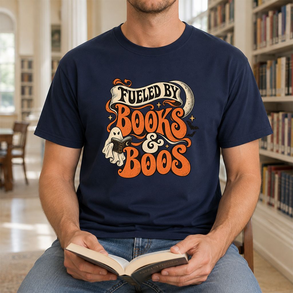 Fueled By Books & Boos Printed T-Shirt | Halloween Book Lover Gift Navy