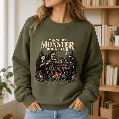 Midnight Monster Book Club Printed Sweatshirt | Halloween Book Lover Gift Military Green