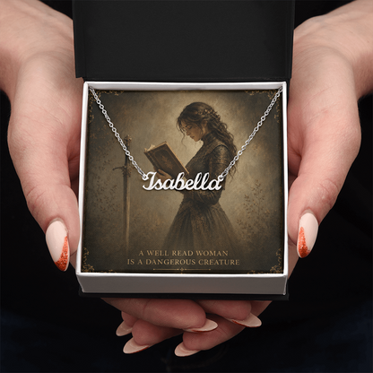 A Well Read Woman Is A Dangerous Creature Decorative Card And Custom Name Polished Stainless Steel Necklace With Box Book Lover Gift Font 1