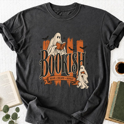 Bookish Read Escape Repeat Printed T-Shirt | Halloween Book Lover Gift Dark Heather
