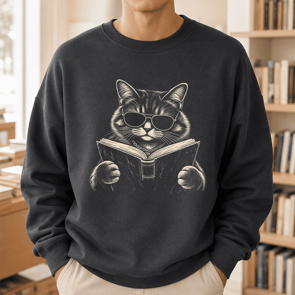Cat Reading Book Crewneck Sweatshirt | Reader Gift Dark Heather