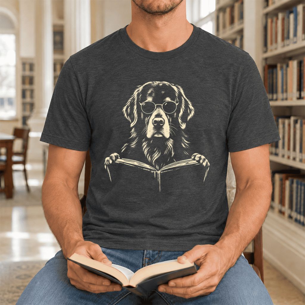 Golden Retriever Reading Book Ultra-Soft Cotton T-Shirt | Dog Mom Reader Gift Dark Grey Heather