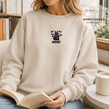 Halloween Meow Embroidered Sweatshirt | Spooky Book Lover Gift Sand