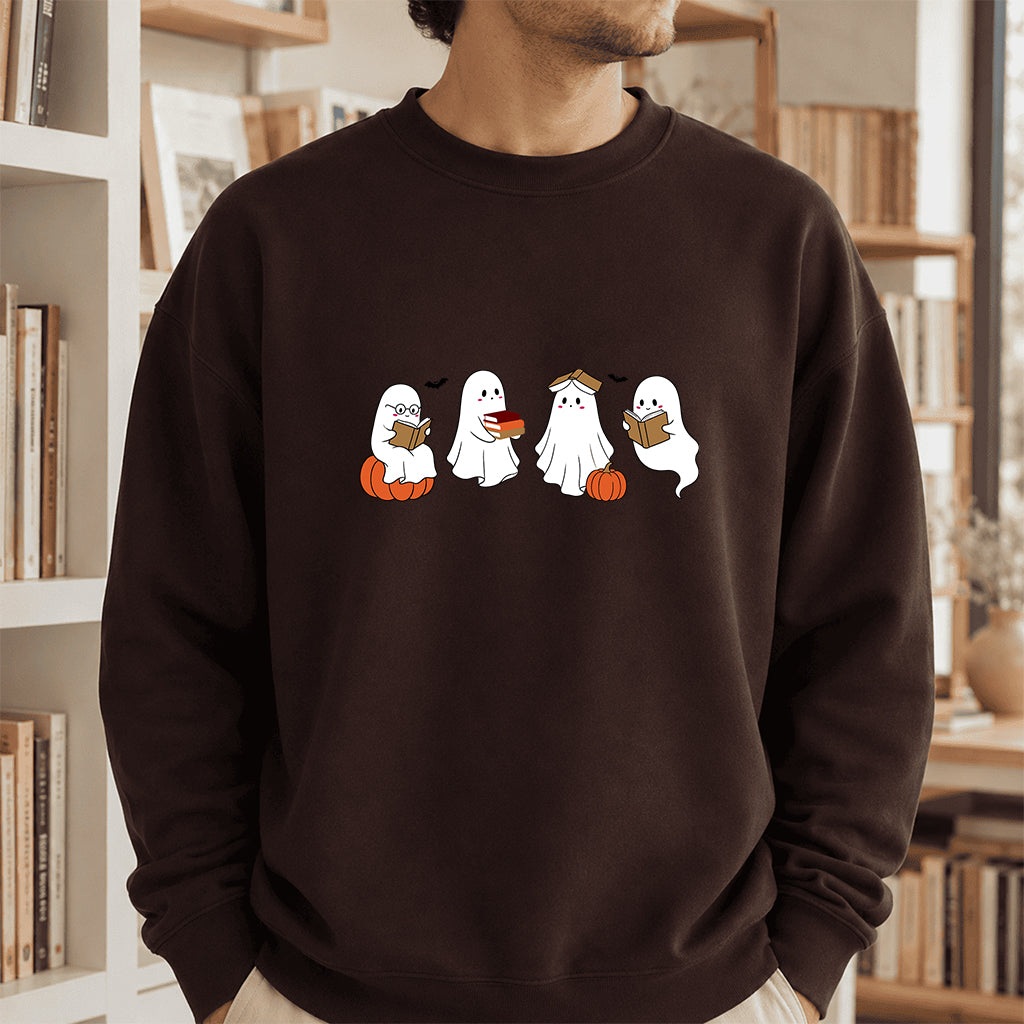 Halloween Ghosts Reading Printed Sweatshirt | Spooky Book Lover Gift Dark Chocolate