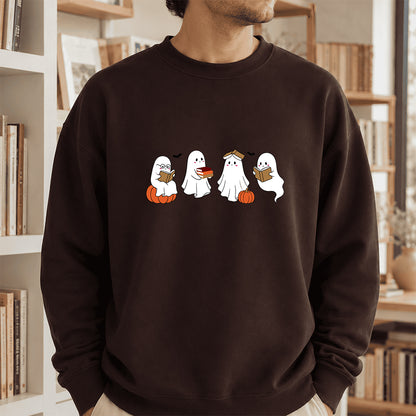 Halloween Ghosts Reading Printed Sweatshirt | Spooky Book Lover Gift Dark Chocolate