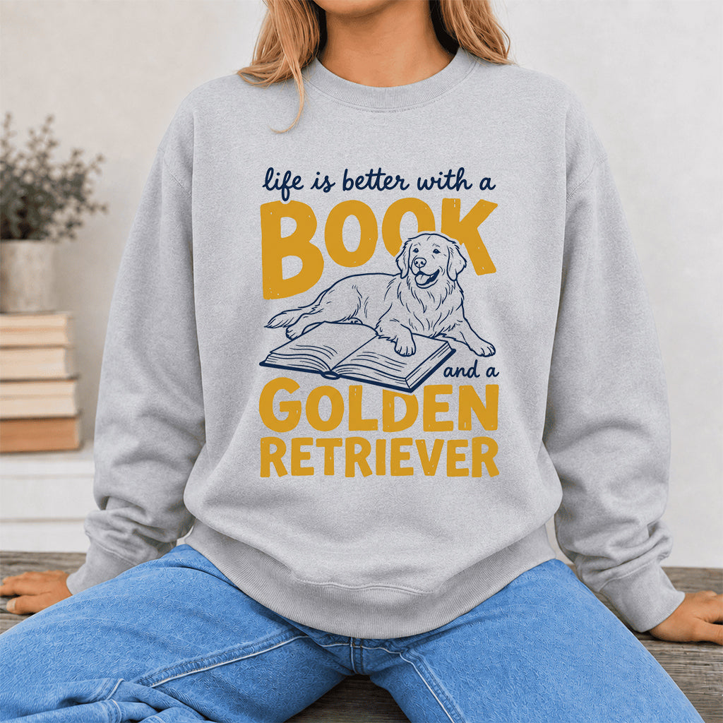 Life Is Better With A Book And A Golden Retriever Crewneck Sweatshirt | Reader Gift Sport Grey