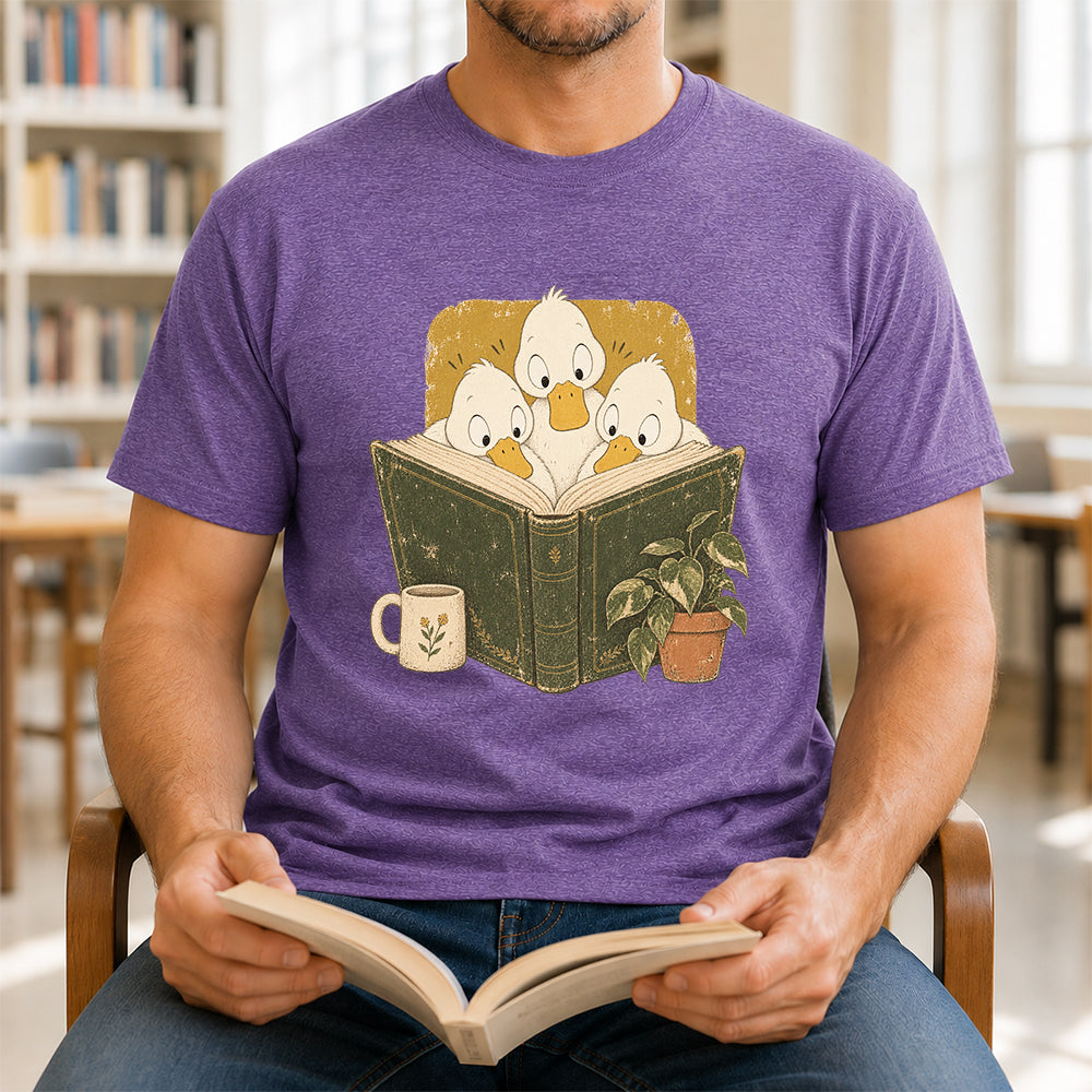 Minimal Japanese Ducks Reading Softstyle T-Shirt | Book Lover Gift Heather Purple