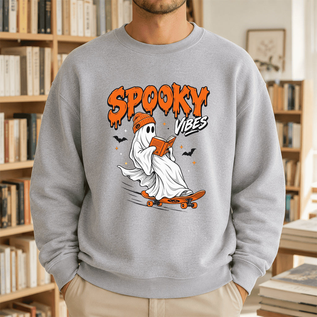 Spooky Vibes Printed Sweatshirt | Halloween Reader Gift Sport Grey
