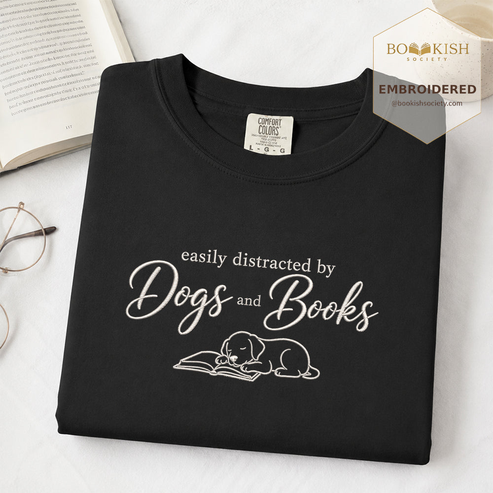 Easily Distracted By Dogs And Books Embroidered Comfort Color® T-shirt | Book Lover Gift Black