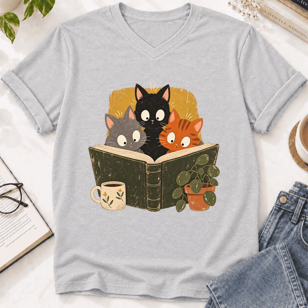 Curious Reading Cats Ultra-Soft V-Neck | Cat Lover Reader Gift Ash