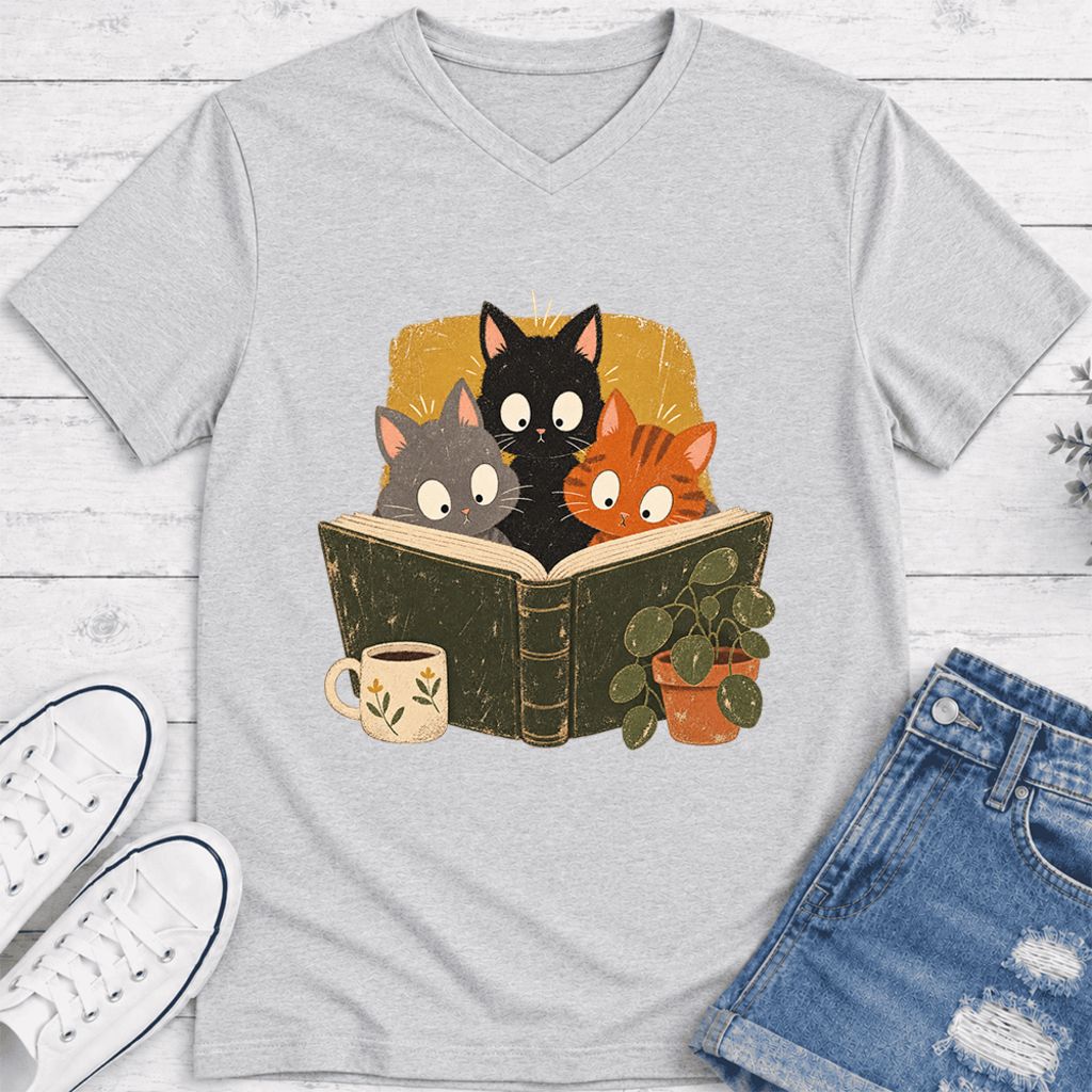Curious Reading Cats Ultra-Soft V-Neck | Cat Lover Reader Gift Ash