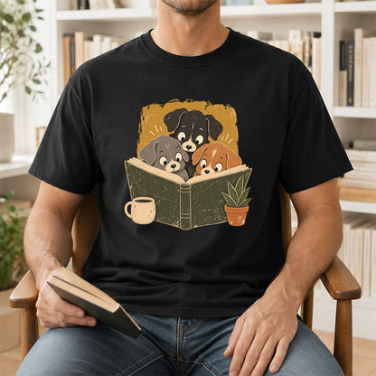 Minimal Japanese Dogs Reading Softstyle T-Shirt | Book Lover Gift Black