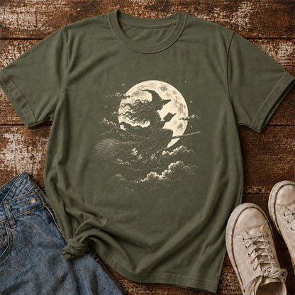Reading Witch On The Flying Broom Printed T-Shirt | Halloween Book Lover Gift Military Green