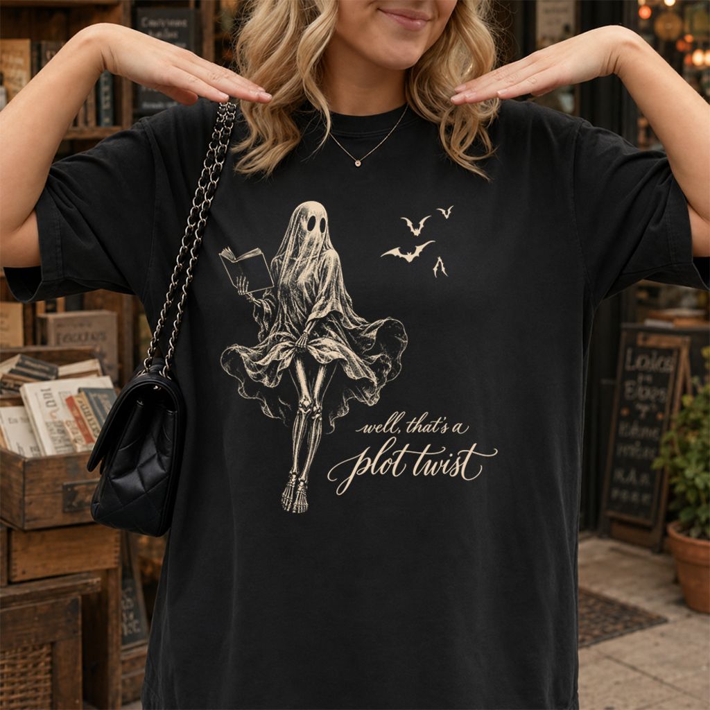Funny Dress-Wearing Bookworm Ghost Printed T-Shirt | Halloween Book Lover Gift Black