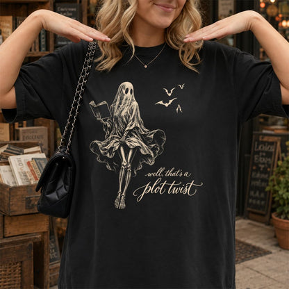 Funny Dress-Wearing Bookworm Ghost Printed T-Shirt | Halloween Book Lover Gift Black