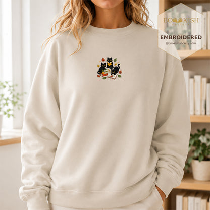 Cat Catching Leaves Embroidered Sweatshirt | Reader Gift Sand