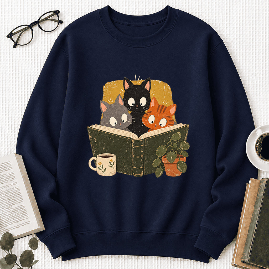 Minimal Japanese Cats Reading Crewneck Sweatshirt | Reader Gift Navy