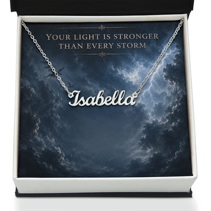 Your Light Is Stronger Decorative Card And Custom Name Polished Stainless Steel Necklace With Box Book Lover Gift Font 1