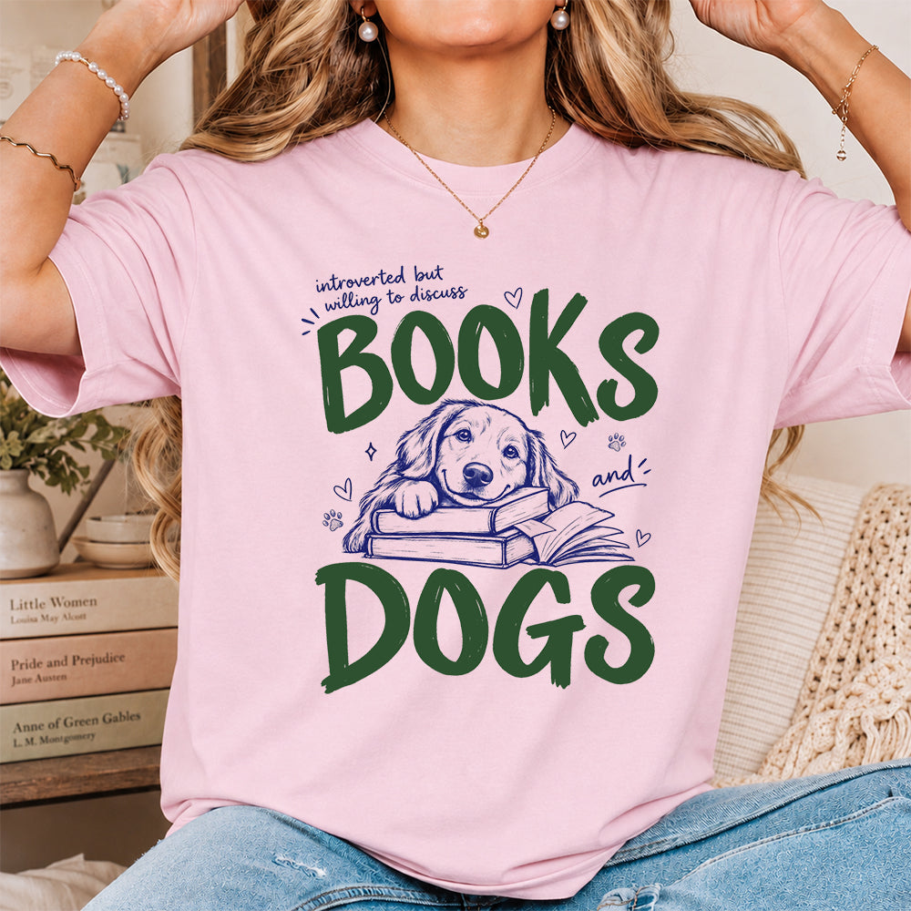 Introverted But Willing To Discuss Books And Dogs Cotton T-Shirt | Dogs Lover & Reader Gift Light Pink
