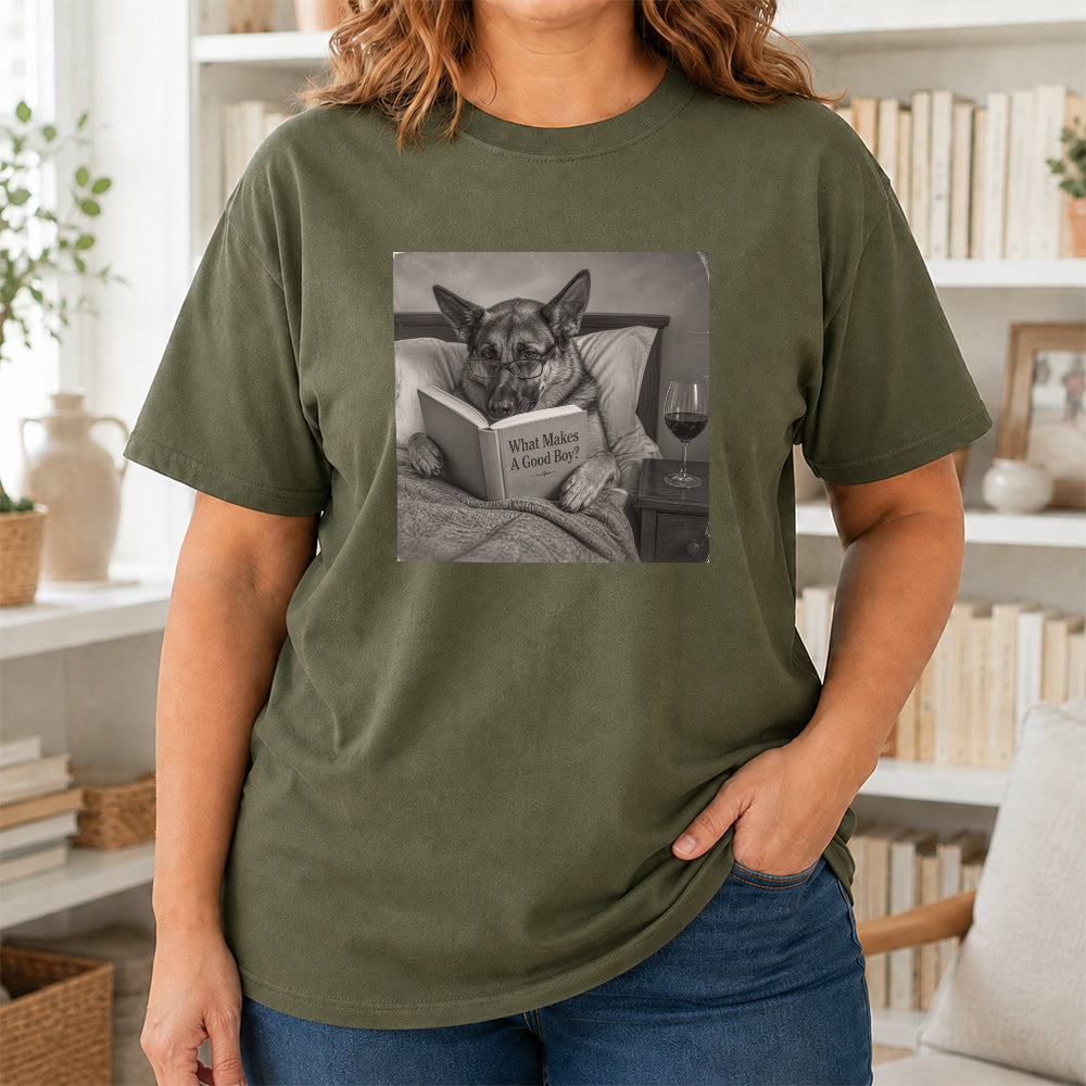 What Makes A Good Boy Printed T-Shirt | Cozy German Shepherd Mom Reader Gift Military Green