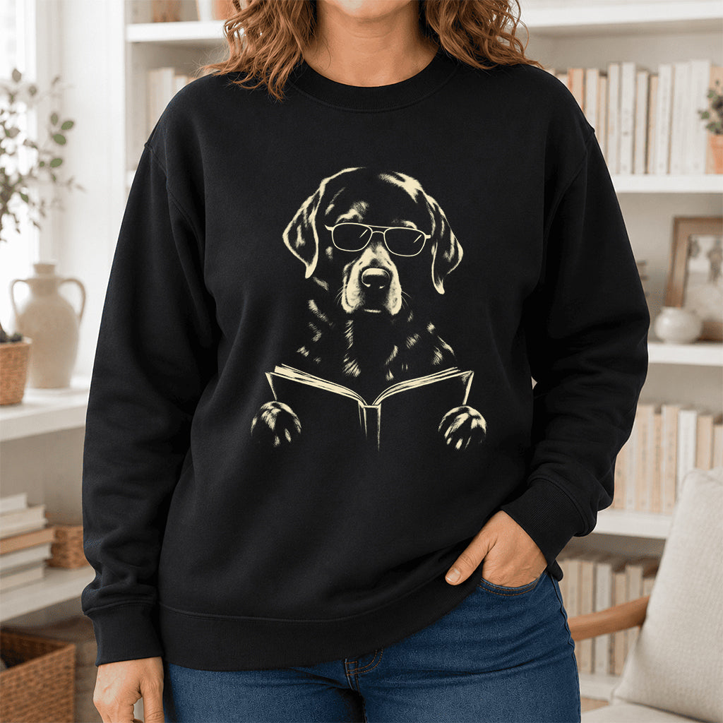 Labrador Retriever Reading Book Crewneck Sweatshirt | Reader Gift Black