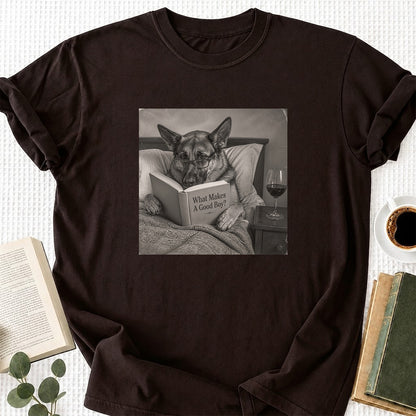 What Makes A Good Boy Printed T-Shirt | Cozy German Shepherd Mom Reader Gift Dark Chocolate