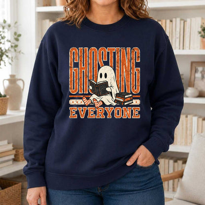 Ghosting Everyone Printed Sweatshirt | Halloween Book Lover Gift Navy