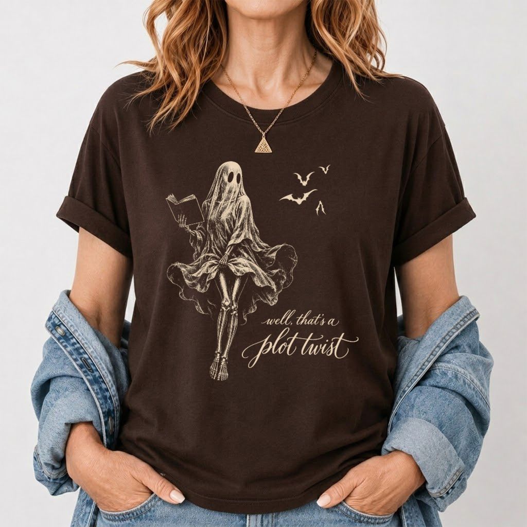 Funny Dress-Wearing Bookworm Ghost Printed T-Shirt | Halloween Book Lover Gift Dark Chocolate