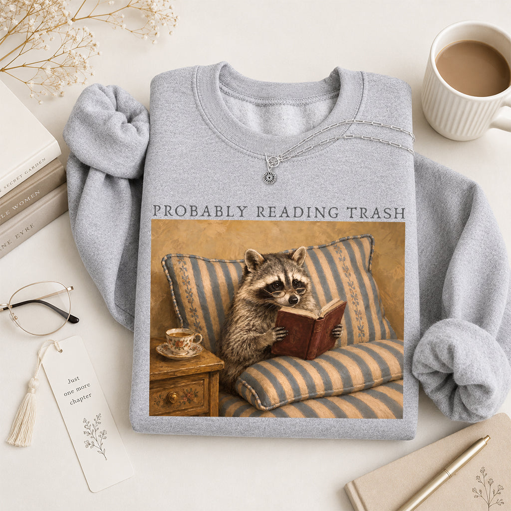 Probably Reading Trash Racoon Crewneck Sweatshirt | Reader Gift Sport Grey