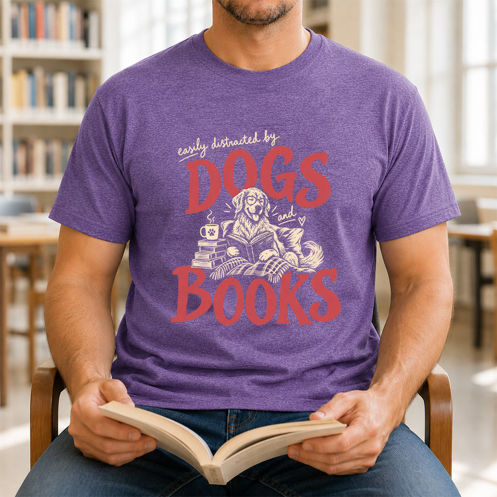 Easily Distracted By Dogs And Books Softstyle T-Shirt | Book Lover Gift Heather Purple