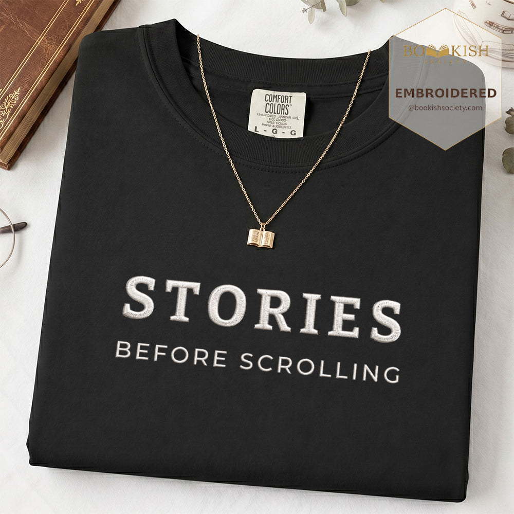 Embroidered Stories Before Scrolling Comfort Color® T-shirt Book Lover Gift Black