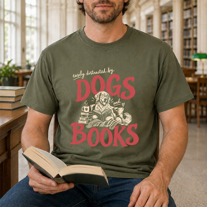 Easily Distracted By Dogs And Books Softstyle T-Shirt | Book Lover Gift Military Green