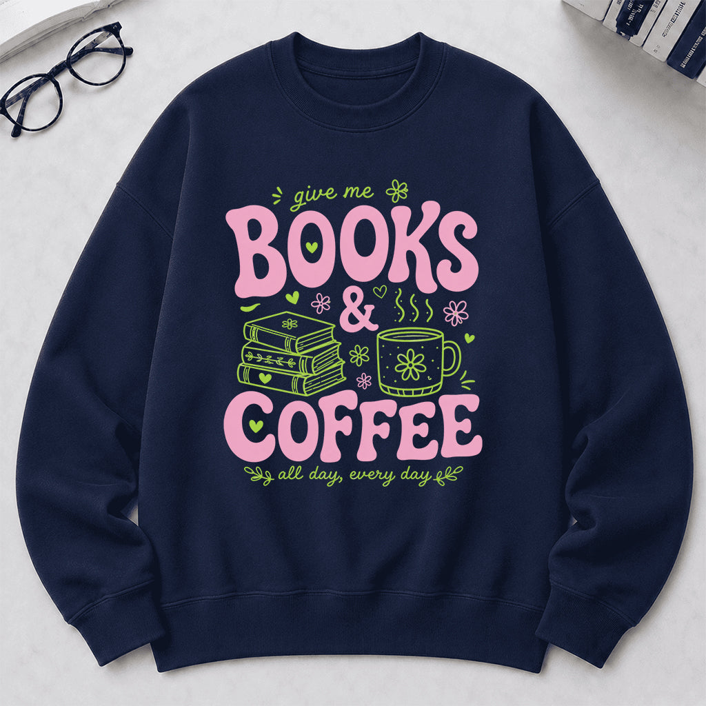 Books and Coffee Crewneck Sweatshirt | Reader Gift Navy