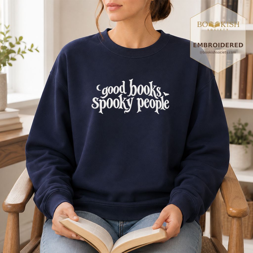 Good Books Spooky People Embroidered Sweatshirt | Halloween Book Lover Gift Navy