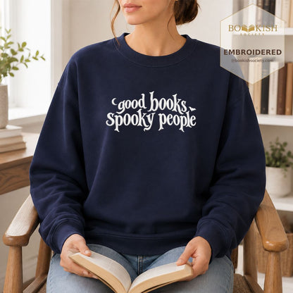 Good Books Spooky People Embroidered Sweatshirt | Halloween Book Lover Gift Navy