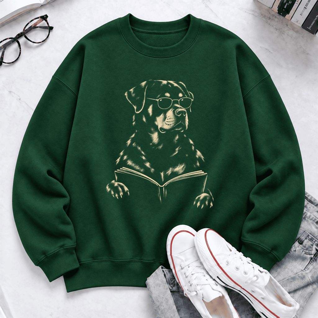 Rottweiler Reading Book Softstyle Sweatshirt | Dog Mom Reader Gift Forest Green