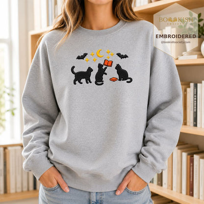 Black Cats With Books Embroidered Sweatshirt | Spooky Reader Gift Sport Grey
