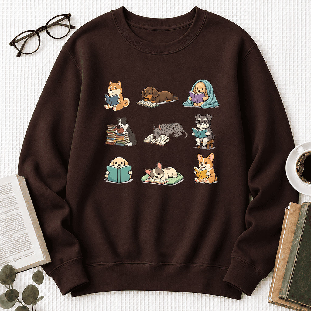 Funny Dogs Reading Crewneck Sweatshirt | Reader Gift Dark Chocolate